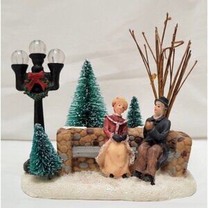 Christmas Village Snow Town Figure Park Bench Street Lamp Man Woman Trees Couple